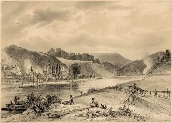 Hasse, Ernst "Schandau mit dem Winterberge", Lithographie, s/w, Mitte 19.Jh.