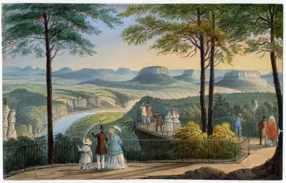 unbekannter Künstler "Bastei-Aussicht", Lithographie, f, G,el, Mitte 19.Jh.