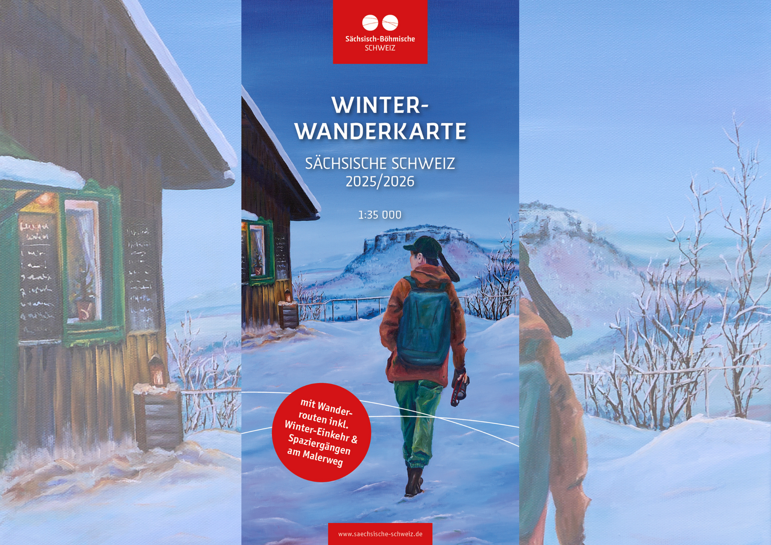 Titel Winterwanderkarte Sächsische Schweiz Wanderer neben Bergbaude Dämmerung