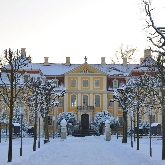 Historisches Gebäude mit gelber Fassade, umgeben von schneebedeckten Bäumen und einem weißen Garten.