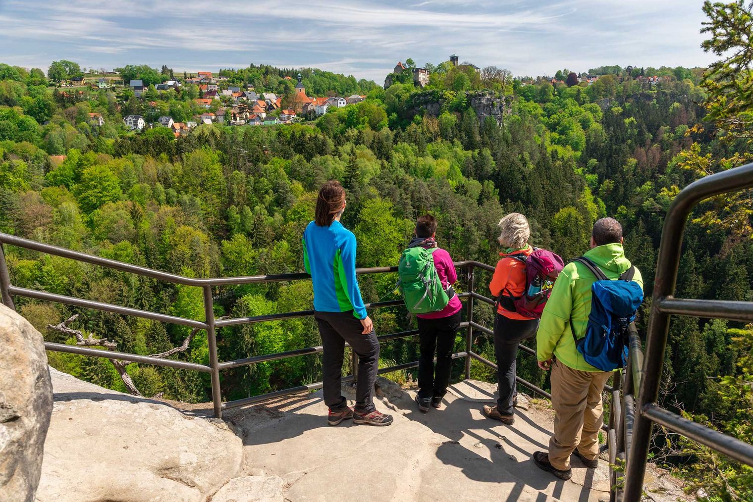 Fünf Personen stehen an einem Aussichtspunkt und blicken auf eine grüne Landschaft mit Bäumen und Häusern.