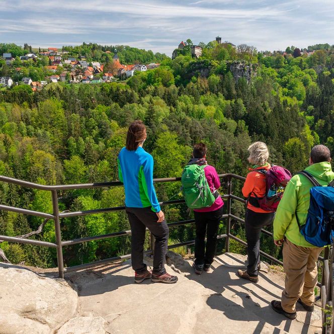 Fünf Personen stehen an einem Aussichtspunkt und blicken auf eine grüne Landschaft mit Bäumen und Häusern.