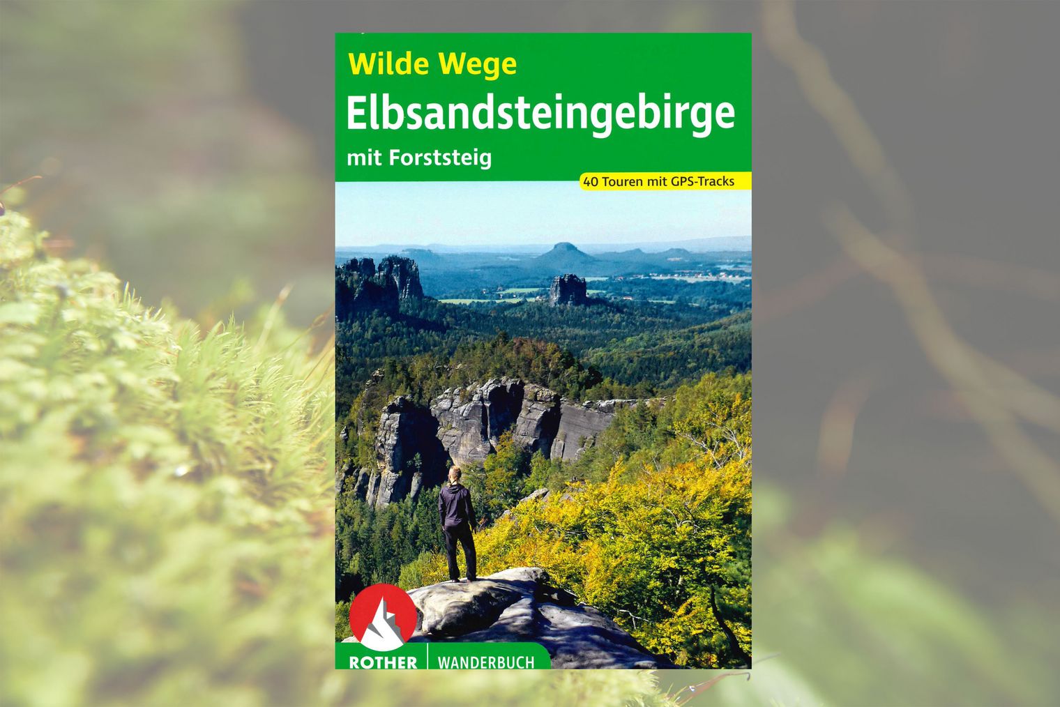 Titelseite Wilde Wege Elbsandsteingebirge mit Forststeig Buchcover mit dem Titel "Elbsandsteingebirge", grüne und gelbe Farben, Person auf Felsvorsprung umgeben von Landschaft und Wäldern.