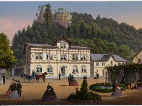 unbekannter Künstler "Lichtenhainer Wasserfall, Gasthaus", Lithographie, f, G,el, ca. 1850