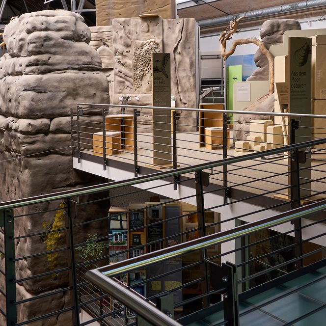 Ruinenreste und moderne Architektur in einem Ausstellungsraum mit Glasgeländern und Holzstrukturen.