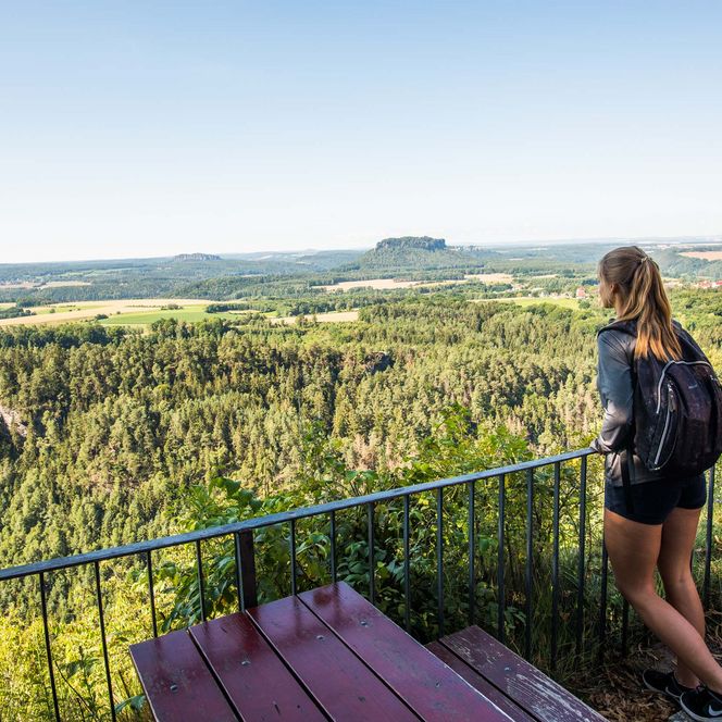 Junge Frau mit Rucksack blickt vom Aussichtspunkt an der Brandbaude auf eine grüne Landschaft mit dem Lilienstein im Hintergrund.