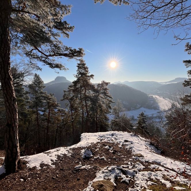Blick auf eine winterliche Landschaft mit schneebedeckten Bäumen und einem Sonnenaufgang über den Bergen.