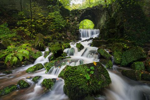 Ein kleiner Wasserfall fließt über moosbedeckte Steine unter einem alten Steinbogen. Grüne Pflanzen umgeben die Szene.