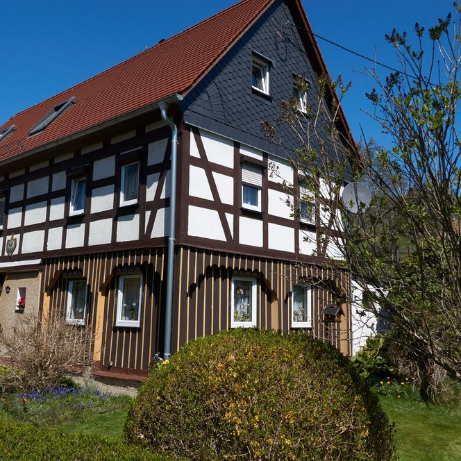 Fachwerkhaus mit rotem Satteldach, umgeben von grünen Pflanzen und blauem Himmel.