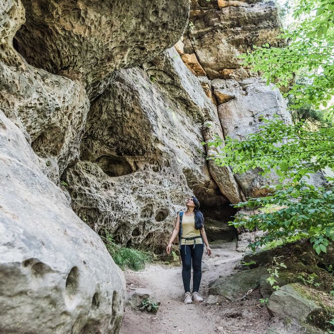 Wanderer steht auf einem schmalen Pfad zwischen hohen Felsen und grünen Bäumen.