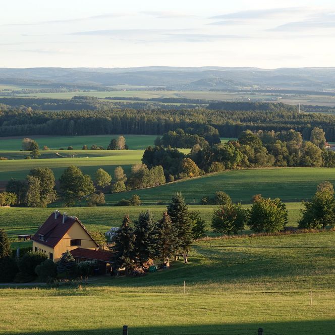 Landschaft mit sanften Hügeln, Bäumen und einem kleinen Haus im Vordergrund.
