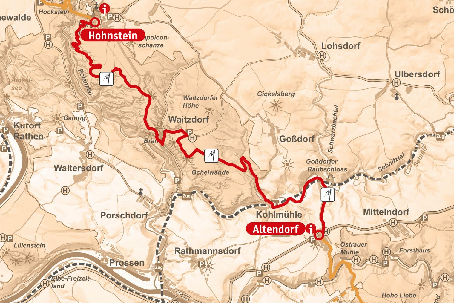 Karte mit dem Malerweg Wegeverlauf von Hohnstein nach Altendorf.