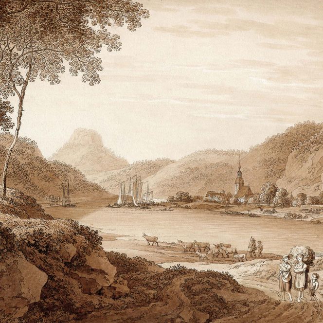 Landschaft mit Fluss, Bergen im Hintergrund und Personen, die am Ufer arbeiten. Sepiatöne dominieren das Bild.