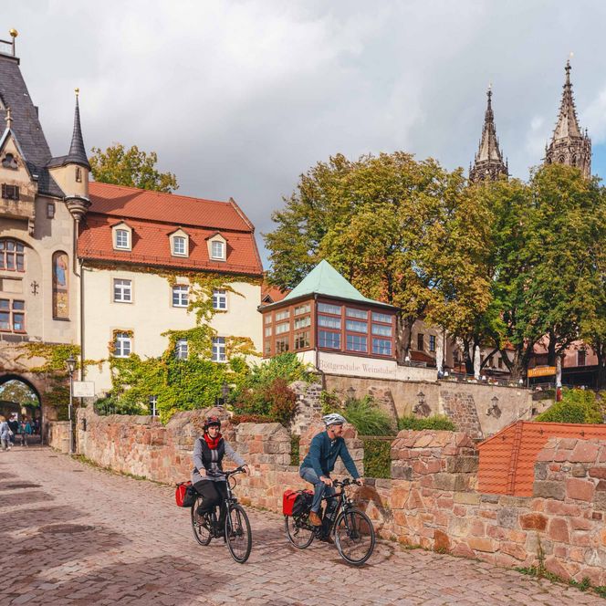 Historische Gebäude mit Türmen und Bäumen, Menschen gehen auf einem gepflasterten Weg.