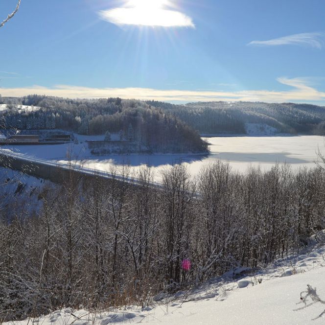 Schneebedeckte Landschaft mit einer gefrorenen Talsperre und bewaldeten Hügeln unter blauem Himmel.