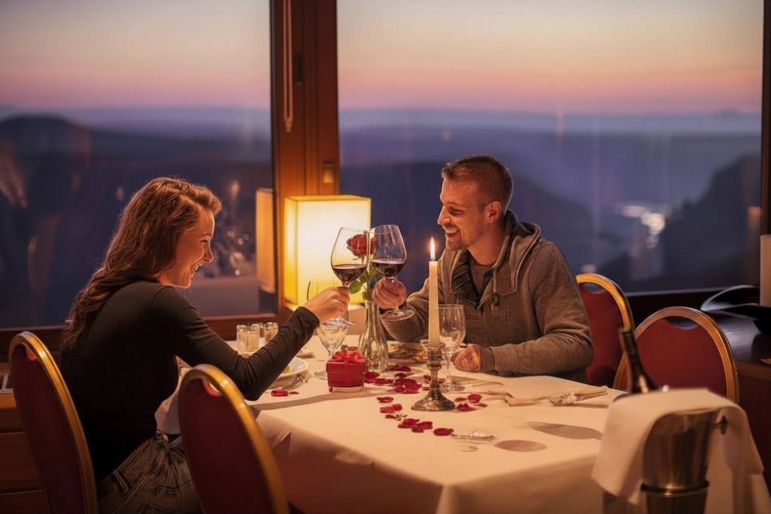Restaurant zwei Personen stoßen an am Tisch Sonnenuntergang