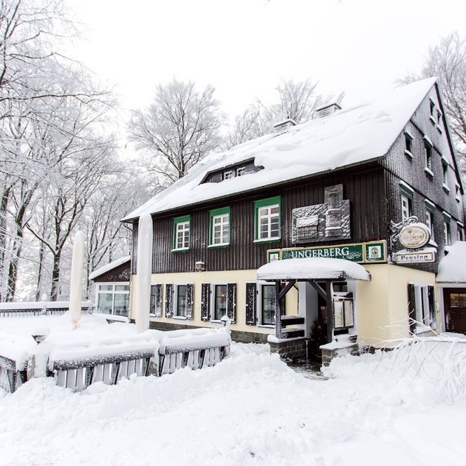 Schneebedecktes Haus umgeben von schneebedeckten Bäumen, mit einem kleinen Balkon und einer Terrasse.