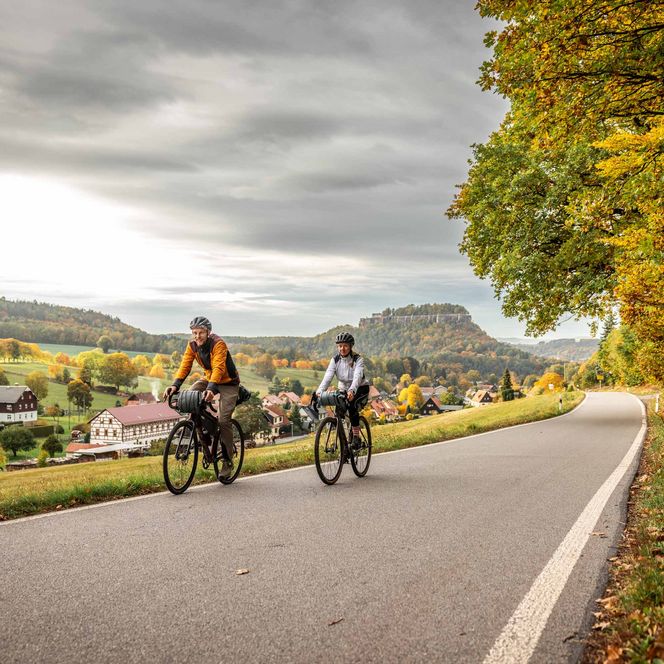 Zwei Radfahrer fahren auf einer Landstraße, umgeben von herbstlichen Bäumen und Hügeln.
