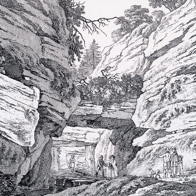 Zeichnung einer Schlucht mit steilen Felswänden und Bäumen.