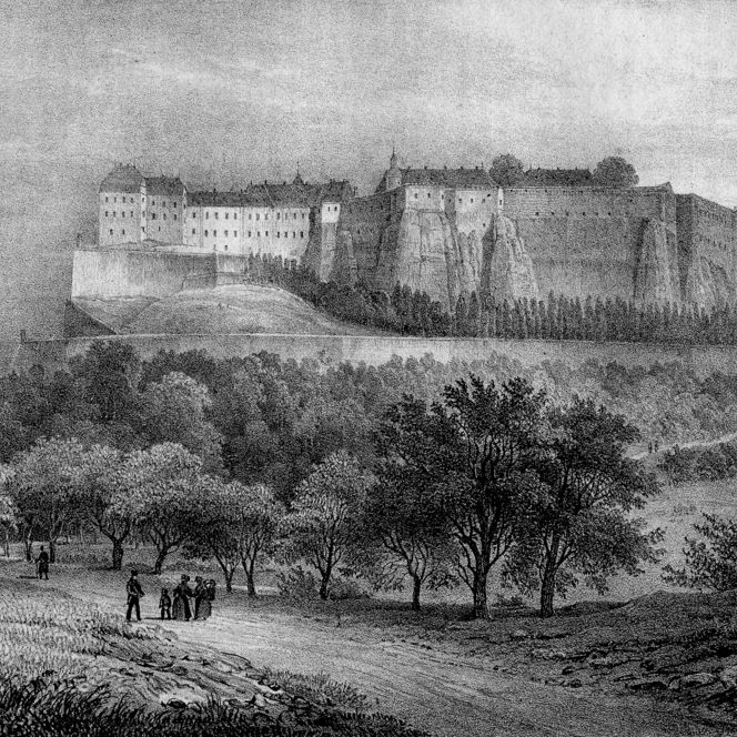 Historische schwarz-weiß Lithographie der Festung Königstein, umgeben von Bäumen und einem Weg im Vordergrund.
