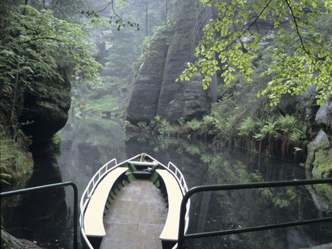 Kahn auf ruhigem Fluss, umgeben von bewaldeten Hügeln im Kirnitzschtal.