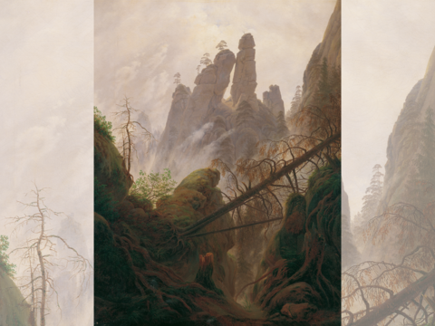 Gemaelde von Caspar David Friedrich: Felsentor im Nebel, umgestuertzer Baum im Vordergrund.