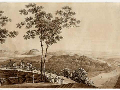 Richter, Ludwig "Basteiaussicht mit altem Holzgeländer", sepia