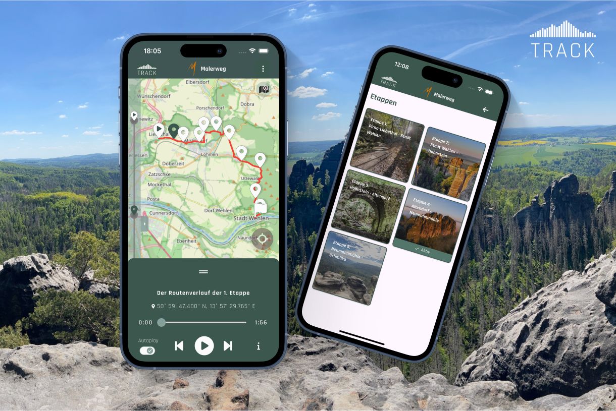 Zwei Smartphones zeigen eine Kartenansicht und Bilder von Landschaften vor einer Felslandschaft.
