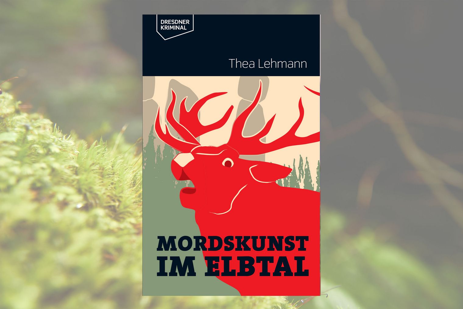 Buchcover mit rotem Hirschkopf und dem Titel "Mordskunst im Elbtal" in schwarzer Schrift.