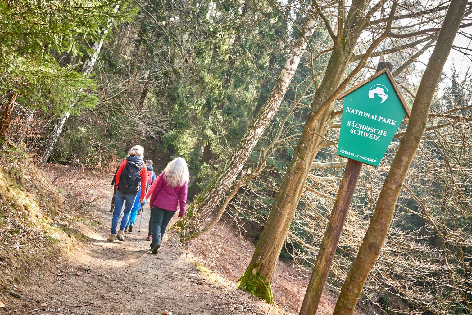Zwei Personen mit langen Haaren gehen einen Waldweg entlang, ein Wegweiser ist sichtbar.