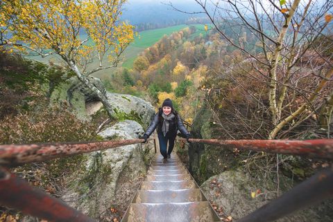 Person klettert eine steile Treppe mit Geländer, umgeben von herbstlichen Bäumen und Felsen.