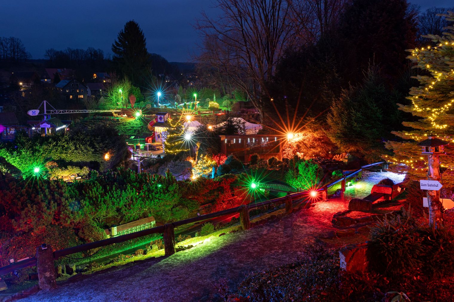 Bunte Lichter erhellen einen Garten in der Dämmerung, mit verschiedenen Farben und Formen.
