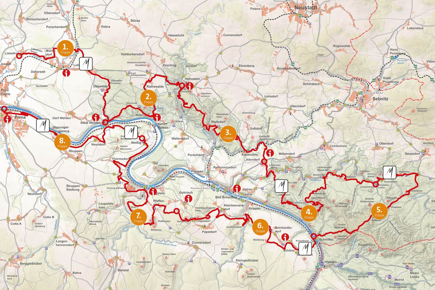 Karte mit der Malerweg-Wegführung und orangefarbenen Markierungen entlang der Elbe und umliegender Landschaft.