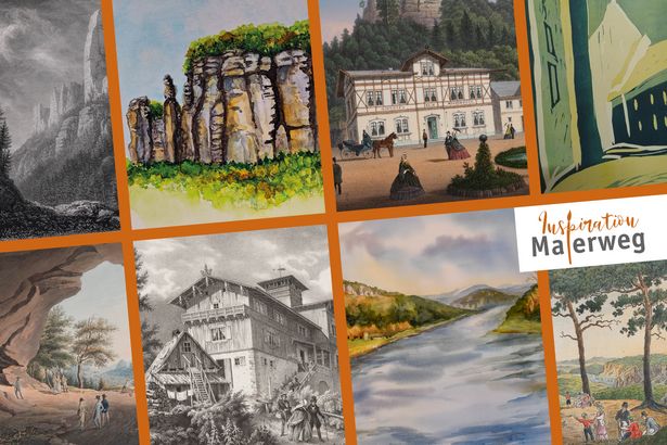 Zusammenstellung von zeitgenössischen und historischen Werken von Künstlern schräg gestellt für Ausstellung zum Malerweg.