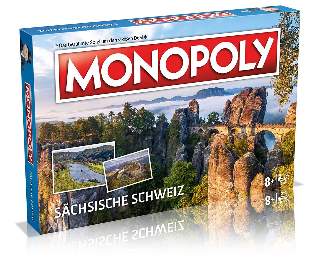 Monopoly-Spielbox mit dem Titel "Sächsische Schweiz" und Bildern von Felsen und Landschaft.