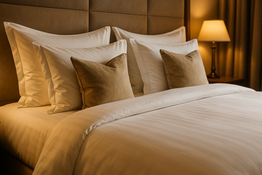 Bed with several cushions and a blanket, softly illuminated by a table lamp.