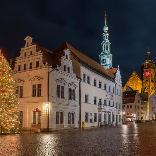 Weihnachtsbaum vor historischen Gebäuden, beleuchtet bei Nacht, mit einem Kirchturm im Hintergrund.