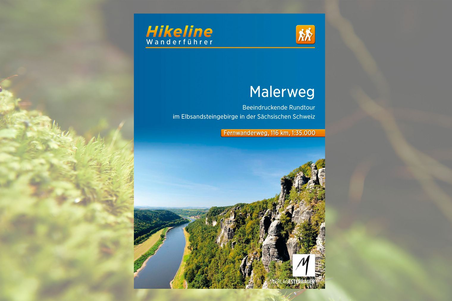Titelseite Hikeline Wanderführer Malerweg Buchcover mit Titel "Malerweg" und Landschaftsbild mit Fluss und Felsen unter blauem Himmel.