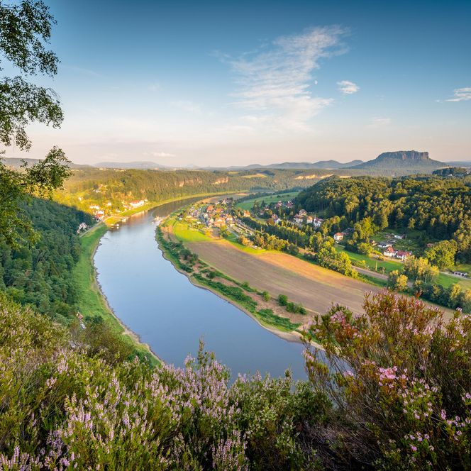 Blick auf einen Fluss, umgeben von grünen Hügeln und Bäumen, unter einem klaren Himmel.