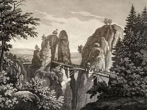 unbekannter Künstler "Verbindungsbrücke von Alt- und Neurathen", Aquatinta, sw, um 1840