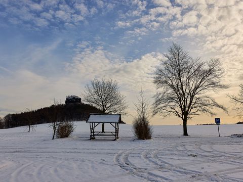 Felsenlandschaft mit Wald, Wanderweg rechts, bewölkter Himmel im Hintergrund.