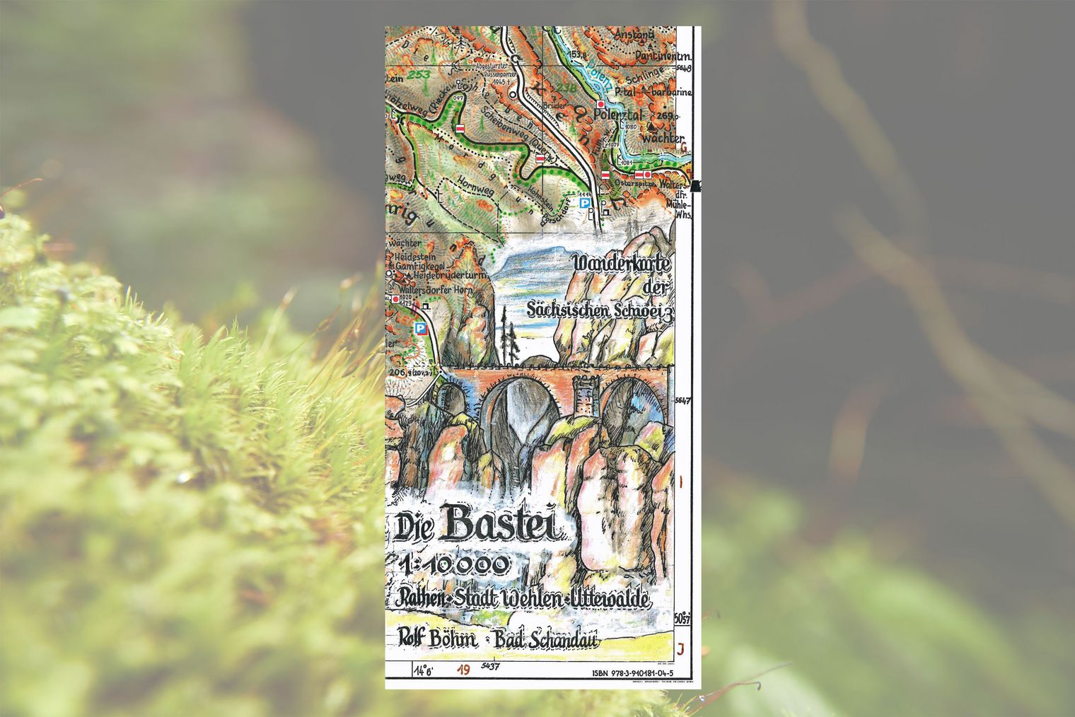Titelseite Wanderkarte Die Bastei Titelseite Wanderkarte mit farbigen Markierungen, Text und gezeichneten Felsen.
