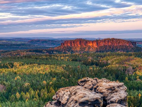 Sonnenaufgang auf dem Gohrisch über bewaldeten Hügeln, leuchtender Himmel, Felsen im Vordergrund.