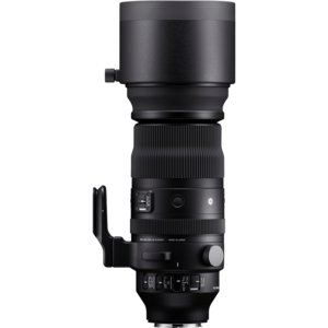 SIGMA Objektiv schwarz 150-600mm F5-6,3 DG DN OS Schwarzes Teleobjektiv mit einem großen Objektivkopf und seitlichem Griff.