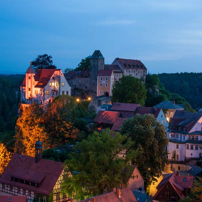 Blick auf eine Stadt mit historischen Gebäuden und einer Burg, umgeben von Bäumen und sanften Hügeln bei Dämmerung.