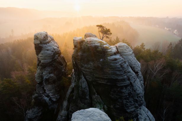 Felsen im Vordergrund Sonnenaufgang Morgenstimmung Sächsische Schweiz