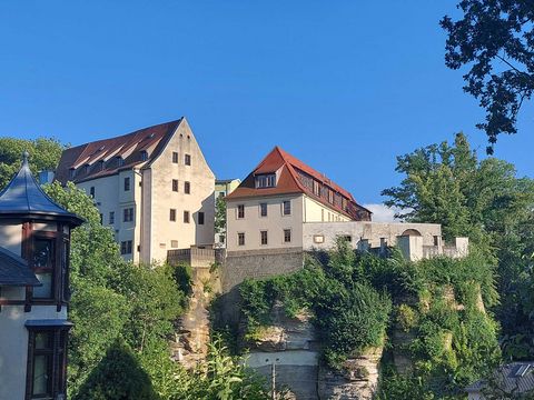 Schloss Lohmen mit rotem Dach auf einem Hügel, umgeben von Bäumen und blauem Himmel.