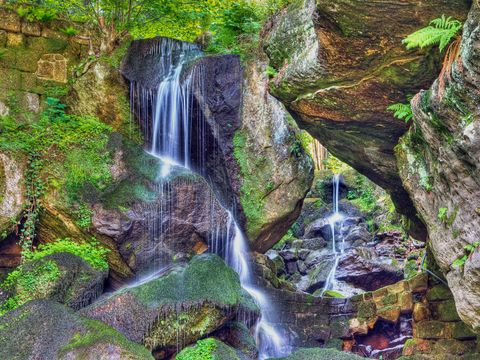 Lichtenhainer Wasserfall im Wald, umgeben von grünen Bäumen, Felsen und Moos.