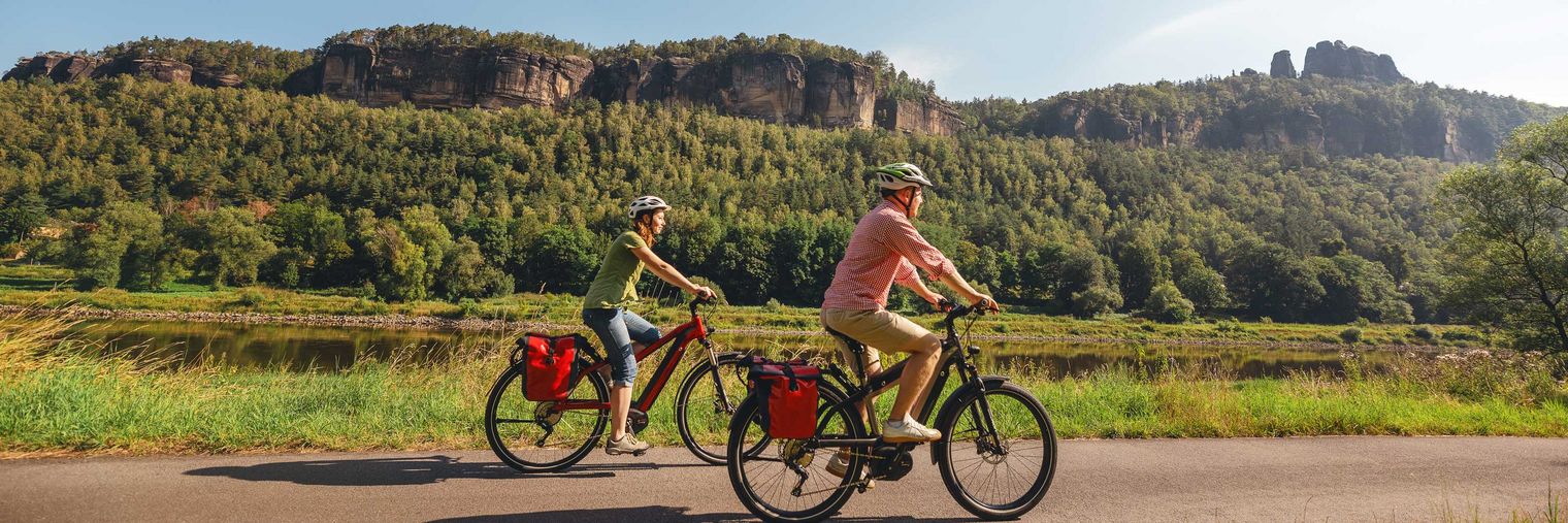 Zwei Radfahrer fahren auf dem Elberadweg, umgeben von grünen Hügeln und Bäumen.