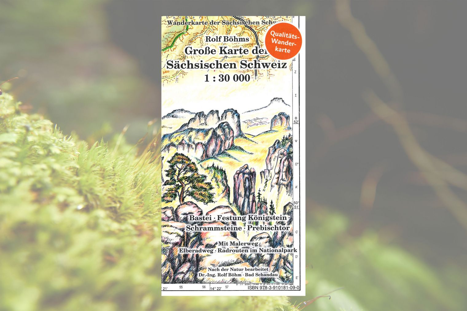 Titelseite Wanderkarte mit handgezeichneten Bergen, Bäumen und Felsen.